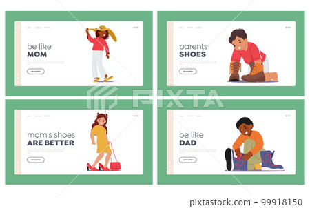 Children Trying on Parents Shoes Landing Page Template Set. Little Girls or Boys Trying On Mother or Father Shoes 99918150