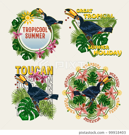 Set of labels with toucan bird, tropical foliage, orchid, text on white background. Holiday summer theme. Detailed illustration for prints, clothing, t shirt design 99918403