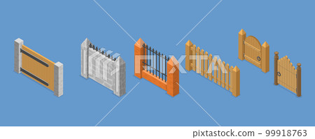 3D Isometric Flat Vector Set of Terrace Fences and Gates 99918763