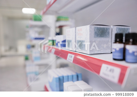 Healthcare retail store shelves stocked with various medicinal products and aloe vera cream ready for customers to come and buy during checkup visit in pharmacy. Medicine support service and concept 99918809