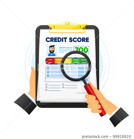 Credit score report in clipboard. Finance history. Business report concept. Credit rating. Vector illustration. Credit score report in clipboard. Finance history. Business report concept. Credit rating. Vector illustration. 99918828