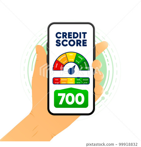 Credit score in smartphone. Finance history. Business report concept. Excellent, good, fair, uncertain and poor level scale. Credit rating. Vector illustration. 99918832