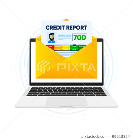 Credit score report in clipboard. Notifications to the mailbox with a finance history. Business report concept. Credit rating. Vector illustration. 99918834