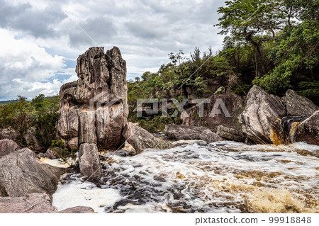The river Mucugezinho in Chapada Diamantina, Bahia, Brazil with running water, forming a waterfall and Poco do Pato 99918848