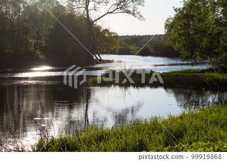 Natural landscape overlooking the overgrown bank on the river Natural landscape overlooking the overgrown bank on the river 99919868