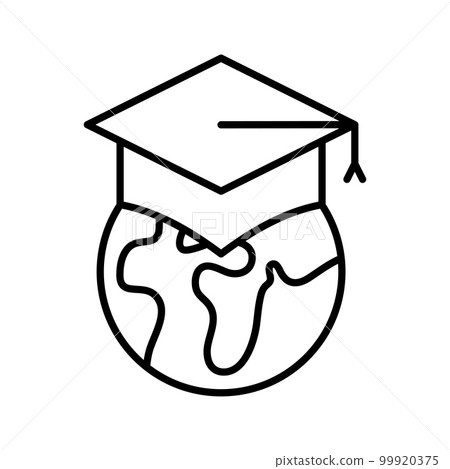 International education icon, Earth in graduate hat, world globe university, academy online learn, global distance education. 99920375