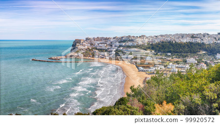 Amazing Peschici with wide sandy beach in Puglia, adriatic coast of Italy. 99920572