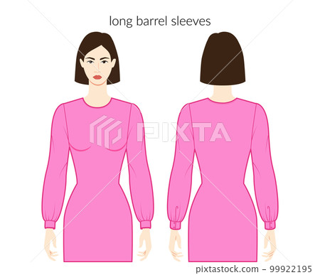 Long Barrel sleeves Bag long length clothes character lady in dress, top, shirt technical fashion illustration, fitted 99922195