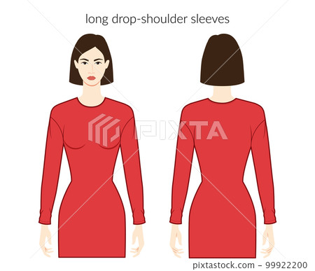 Drop-shoulder sleeves long length clothes character beautiful lady in red shirt, dress technical fashion illustration 99922200