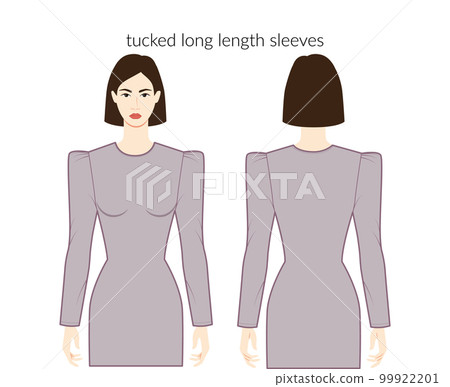 Tucked sleeves long length clothes character beautiful lady in grey top, shirt, dress technical fashion illustration 99922201