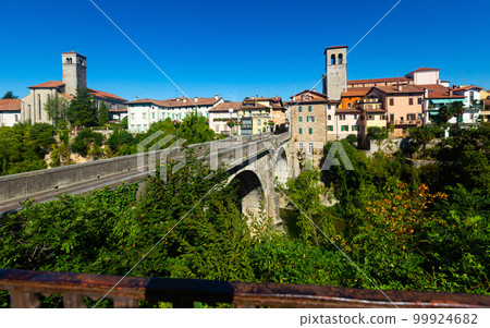 Devils bridge with cathedral at the background. Cividale del Friuli. Devils bridge with cathedral at the background. Cividale del Friuli. 99924682