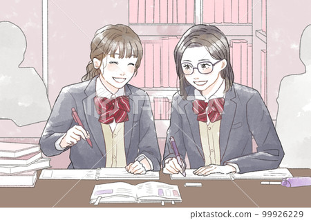 Illustration of female students studying in the library Illustration of female students studying in the library 99926229