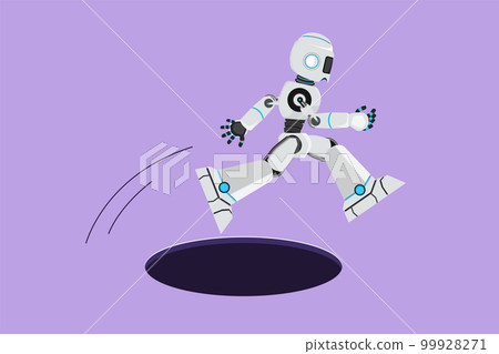 Cartoon flat style drawing robot jump through hole. Business struggles in market competition. Modern robotic artificial intelligence. Electronic technology industry. Graphic design vector illustration 99928271