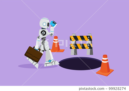 Graphic flat design drawing of robot talking on smartphone and walking to business trap. Future technology development. Artificial intelligence and machine learning. Cartoon style vector illustration 99928274