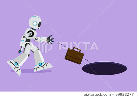 Graphic flat design drawing of robot throws briefcase into hole. Failed to take advantage of tech business opportunities. Future technology. Artificial intelligence. Cartoon style vector illustration Graphic flat design drawing of robot throws briefcase into hole. Failed to take advantage of tech business opportunities. Future technology. Artificial intelligence. Cartoon style vector illustration 99928277