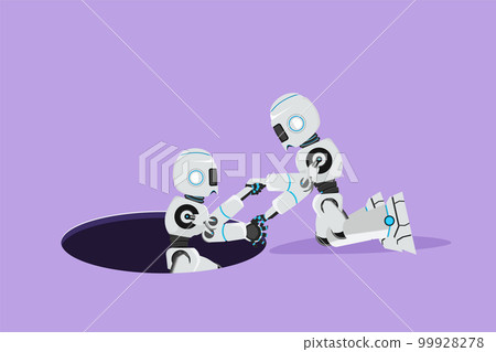 Cartoon flat style drawing robot helping his friend by take him out from hole. Tech business struggle, teamwork. Modern robotic artificial intelligence technology. Graphic design vector illustration 99928278