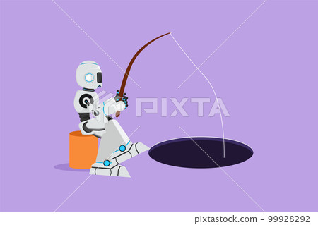 Graphic flat design drawing of robot sit and holding fishing rod from hole. Make money from idea. Future technology. Artificial intelligence machine learning process. Cartoon style vector illustration Graphic flat design drawing of robot sit and holding fishing rod from hole. Make money from idea. Future technology. Artificial intelligence machine learning process. Cartoon style vector illustration 99928292