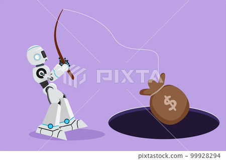 Cartoon flat style drawing robot holding fishing rod got money bag from hole. Business idea for making money. Robotic artificial intelligence. Technology industry. Graphic design vector illustration Cartoon flat style drawing robot holding fishing rod got money bag from hole. Business idea for making money. Robotic artificial intelligence. Technology industry. Graphic design vector illustration 99928294