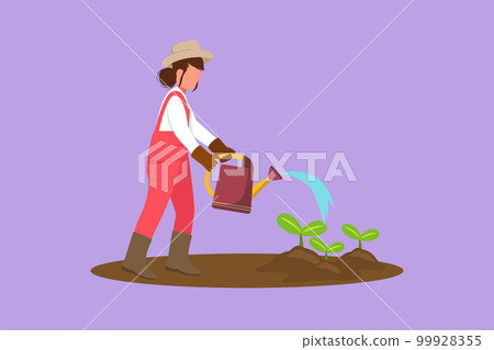 Character flat drawing of woman watering plants with water can. Farming activity of farmer. Work in the garden. Agricultural work. Female farmer watering seed plant. Cartoon design vector illustration 99928355