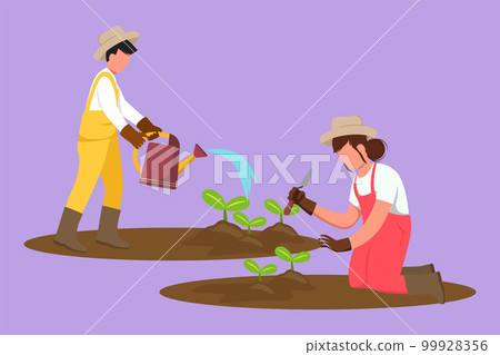 Cartoon flat style drawing couple farmers planting tree. Woman plant seeds and man holding watering can. Gardeners working in garden. Agricultural gardening concept. Graphic design vector illustration 99928356