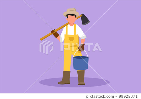 Character flat drawing of male farmer carries wooden hoe in shoulder with bucket. Agricultural worker standing on green grass with plants. Agronomic man at farmland. Cartoon design vector illustration 99928371