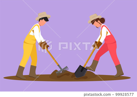 Cartoon flat style drawing couple farmers plow or plough the ground using rake and shovel. Starting new planting season at rural. Success farmer with organic crop. Graphic design vector illustration 99928577