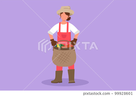 Graphic flat design drawing female farmer carrying basket full of bananas, apples, watermelons. Picking fresh fruit from harvest. Success farmer with organic natural crop. Cartoon vector illustration Graphic flat design drawing female farmer carrying basket full of bananas, apples, watermelons. Picking fresh fruit from harvest. Success farmer with organic natural crop. Cartoon vector illustration 99928601