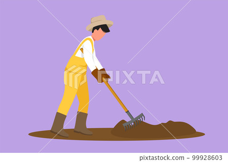 Character flat drawing of male farmer plow or leveling the ground using rake. Starting new planting season at countryside. Success farmer with organic natural crop. Cartoon design vector illustration Character flat drawing of male farmer plow or leveling the ground using rake. Starting new planting season at countryside. Success farmer with organic natural crop. Cartoon design vector illustration 99928603
