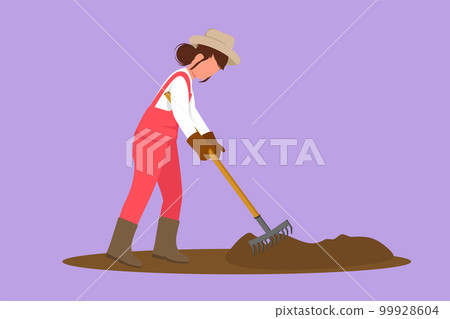 Graphic flat design drawing female farmer plow or plough the ground using rake or harrow. Starting new planting season at village. Success farmer with organic crop. Cartoon style vector illustration Graphic flat design drawing female farmer plow or plough the ground using rake or harrow. Starting new planting season at village. Success farmer with organic crop. Cartoon style vector illustration 99928604
