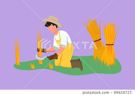 Cartoon flat style drawing happy male farmer harvesting rice and there is also rice that has been tied up. Harvest season in rural rice fields. Successful farming. Graphic design vector illustration 99928725