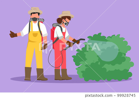 Character flat drawing happy couple of farmers wearing masks and carrying equipment to spray crops with disinfectant spray. Keep plants from pests and stay healthy. Cartoon design vector illustration Character flat drawing happy couple of farmers wearing masks and carrying equipment to spray crops with disinfectant spray. Keep plants from pests and stay healthy. Cartoon design vector illustration 99928745