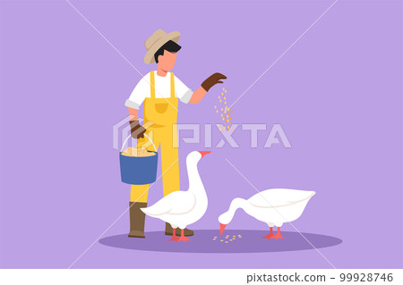 Graphic flat design drawing of male farmer feeding geese or ducks to be healthy, produce best eggs and meat. Countryside farming. Rural agricultural worker, poultry. Cartoon style vector illustration Graphic flat design drawing of male farmer feeding geese or ducks to be healthy, produce best eggs and meat. Countryside farming. Rural agricultural worker, poultry. Cartoon style vector illustration 99928746
