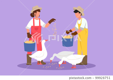 Cartoon flat style drawing couple farmers feeding geese or ducks to be healthy, produce best eggs and meat. Countryside farming. Rural agricultural worker, poultry. Graphic design vector illustration 99928751