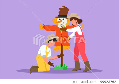 Graphic flat design drawing happy couple farmers installing a scarecrow to ward off pest birds. Countryside rice fields. Successful agriculture and farming concept. Cartoon style vector illustration Graphic flat design drawing happy couple farmers installing a scarecrow to ward off pest birds. Countryside rice fields. Successful agriculture and farming concept. Cartoon style vector illustration 99928762