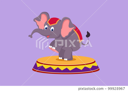 Cartoon flat style drawing an elephant stands on circus chair with its forelegs raised. Very good performance and successful circus show. Animal show entertainment. Graphic design vector illustration 99928967
