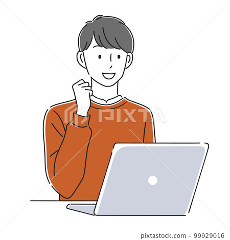 Illustration material of a man doing a guts pose in front of a laptop Illustration material of a man doing a guts pose in front of a laptop 99929016