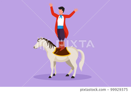 Cartoon flat style drawing young male acrobat performs stunt on circus horse by standing on the horse's back and raising his hands. Circus show event entertainment. Graphic design vector illustration Cartoon flat style drawing young male acrobat performs stunt on circus horse by standing on the horse's back and raising his hands. Circus show event entertainment. Graphic design vector illustration 99929375