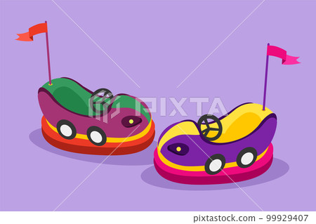 Character flat drawing two colorful electric dodgem car in amusement park arena. Bumper car for kids in funfair festival. Happy childhood memories play with friends. Cartoon design vector illustration 99929407