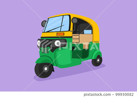 Graphic flat design drawing rickshaw traditional transportation in India which serves local passenger or foreign tourist who are on vacation. Vehicles on the roadway. Cartoon style vector illustration 99930082