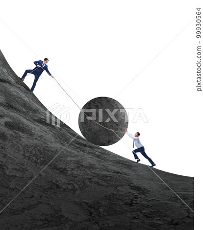 Teamwork example with business people pushing stone to top Teamwork example with business people pushing stone to top 99930564