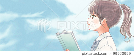 Illustration banner of a high school girl reading under a refreshing blue sky Illustration banner of a high school girl reading under a refreshing blue sky 99930999