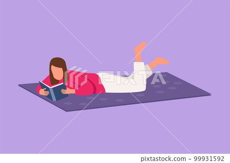 Cartoon flat style drawing young woman lying and reading books at home. Student studying and preparing for exam with textbooks. Beauty female reader with literature. Graphic design vector illustration Cartoon flat style drawing young woman lying and reading books at home. Student studying and preparing for exam with textbooks. Beauty female reader with literature. Graphic design vector illustration 99931592
