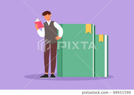 Cartoon flat style drawing young man reading and standing on big book. Intelligent male student learning and studying in library. Education and intellectual manner. Graphic design vector illustration 99931599