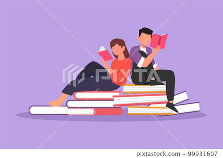 Character flat drawing couple student woman and man reading, learning and sitting on big books. Study in library. Literature fans or lovers. Education and knowledge. Cartoon design vector illustration Character flat drawing couple student woman and man reading, learning and sitting on big books. Study in library. Literature fans or lovers. Education and knowledge. Cartoon design vector illustration 99931607