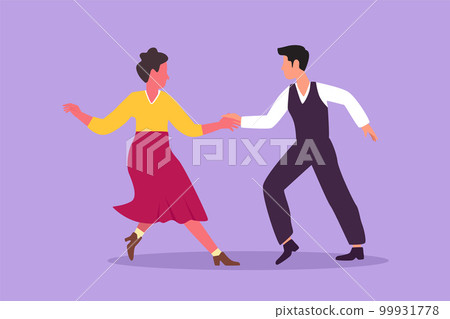 Cartoon flat style drawing man and woman dancing Lindy hop or Swing. Male and female characters performing dance at school or party night. Couple dancing together. Graphic design vector illustration 99931778