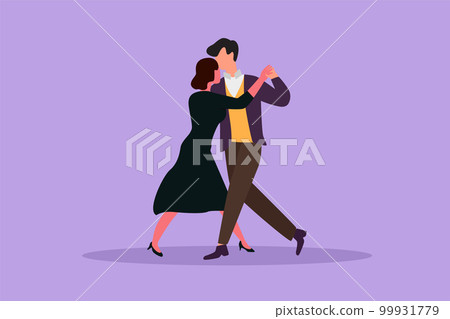 Graphic flat design drawing attractive man and woman romantic professional dancer couple dancing tango, waltz dance on dancing contest dancefloor. Happy couple dance. Cartoon style vector illustration 99931779