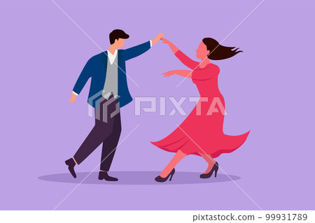 Cartoon flat style drawing attractive man woman professional dancer couple dancing tango, waltz dances on dancing contest dancefloor. Romantic night dance together. Graphic design vector illustration Cartoon flat style drawing attractive man woman professional dancer couple dancing tango, waltz dances on dancing contest dancefloor. Romantic night dance together. Graphic design vector illustration 99931789