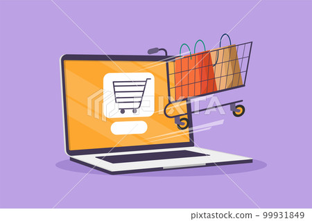 Character flat drawing shopping cart out of laptop. Sale, trading, digital lifestyle, business consumerism. E-commerce, digital marketing. Online store technology. Cartoon design vector illustration Character flat drawing shopping cart out of laptop. Sale, trading, digital lifestyle, business consumerism. E-commerce, digital marketing. Online store technology. Cartoon design vector illustration 99931849