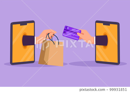 Graphic flat design drawing two hands out of smartphone screen to exchange shopping bag with credit card. Sale, digital payment technology. Online store and trading. Cartoon style vector illustration Graphic flat design drawing two hands out of smartphone screen to exchange shopping bag with credit card. Sale, digital payment technology. Online store and trading. Cartoon style vector illustration 99931851