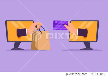 Cartoon flat style drawing two hands out of monitor screen to exchange shopping bags with credit cards. Sale, digital payment technology. Online store and trading. Graphic design vector illustration 99931852